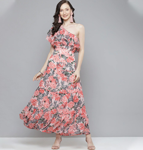 Women Peach-Coloured & White Floral One Shoulder Layered Maxi Dress